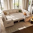 LINSY HOME Sectional Sleeper Sofa with Pull Out Couch Bed - Convertible Plush Corduroy Cloud Couch with Storage Chaise & USB Charging, Oversized Comfy Modular Couches for Living Room, Beige