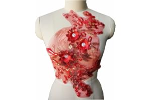 JINMOMOMO Red Blue 3D Flower Lace Fabric Patches Sequin Embroidered Gown Appliques Collar Tulle Mesh Sew Patch for Clothing Wedding Dress Decor (red)