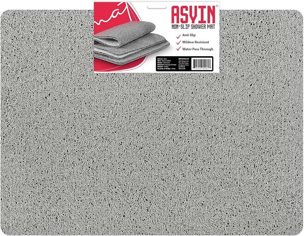 Asvin Large Non Slip Shower Mat 60x80cm Grey Anti Mould OEKO-TEX Loofah