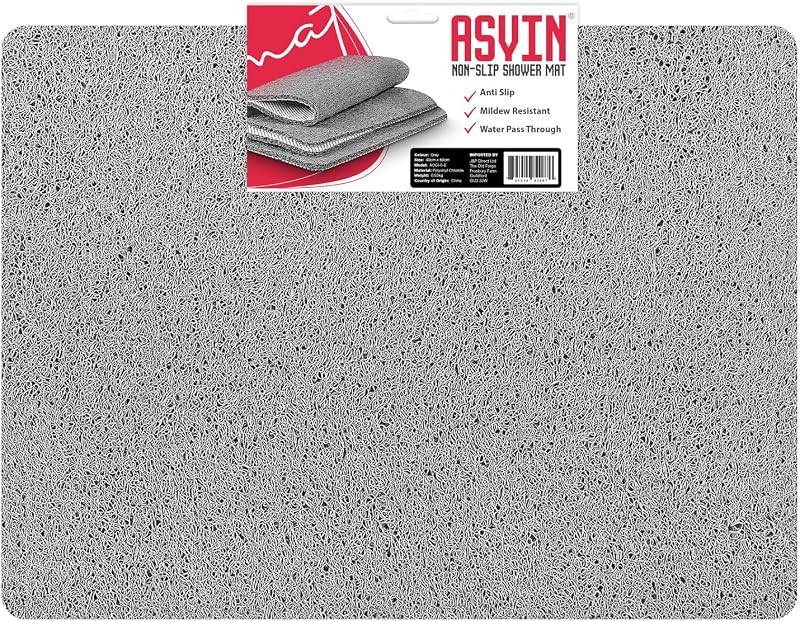 Asvin Large Non Slip Shower Mat 60x80cm Grey Anti Mould OEKO-TEX Loofah