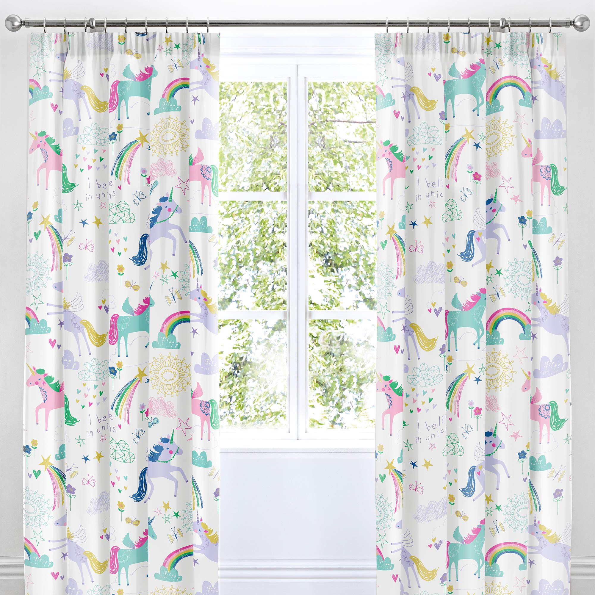 Bedlam - Unicorn Curtains - Two Panels 66 x 72 (168 x 183cm) - Rainbow & Unicorns Curtains - Girls Bedding/Bedroom Accessories