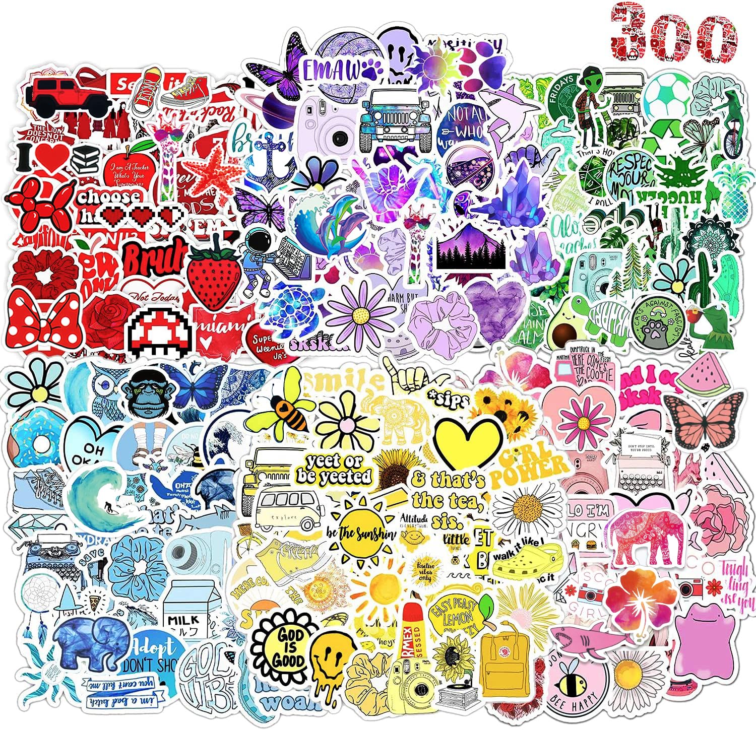 300 Pcs Cute Coloured Stickers for Adults Children Teens, Teacher Reward Prizes for Kids, Waterproof Vinyl Stickers for Laptop Scrapbooking Skateboard Journaling Phone Suitcase Water Bottle Diary etc