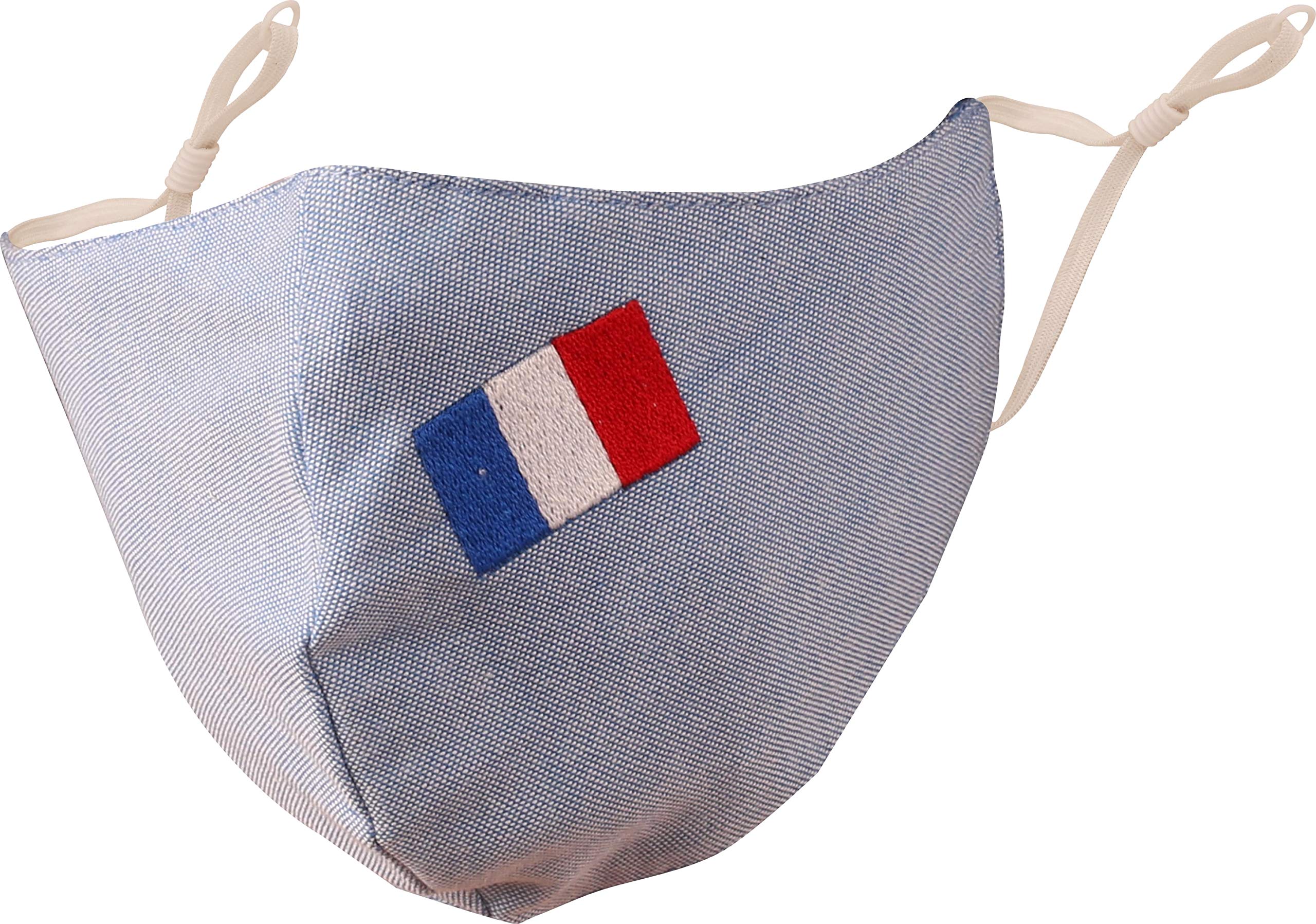 Touchstone French Flag embroidered 3 layer large size cotton face masks reusable machine washable adjustable for men, women. (Pack of 1). Denim Blue