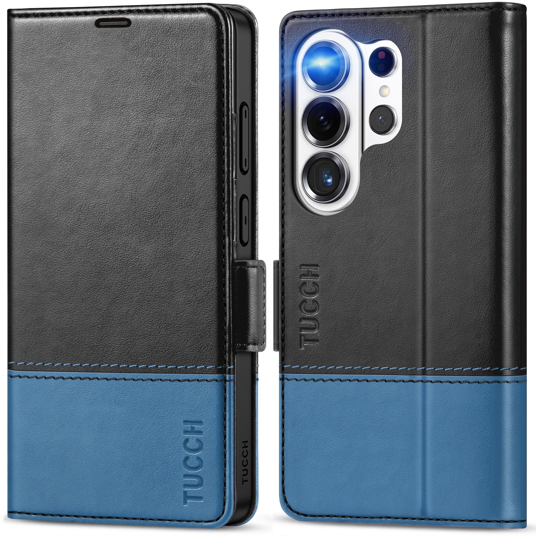 Photo 1 of TUCCH Wallet Case for Galaxy S26 Ultra, Magnetic PU Leather Stand [RFID Blocking] Credit 4 Card Holder Flip Cover with [TPU Shockproof Inner Case] Compatible with Galaxy S26 Ultra, Black & Light Blue