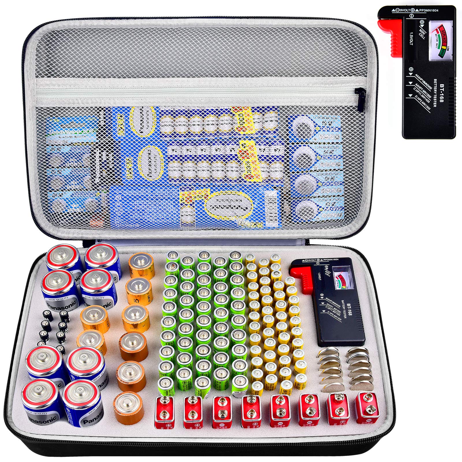Battery Organiser Storage Box with Battery Tester (BT168), Case Bag Holder fits for 140 Batteries AA AAA AAAA 9V C D Lithium 3V(Not Includes Batteries)