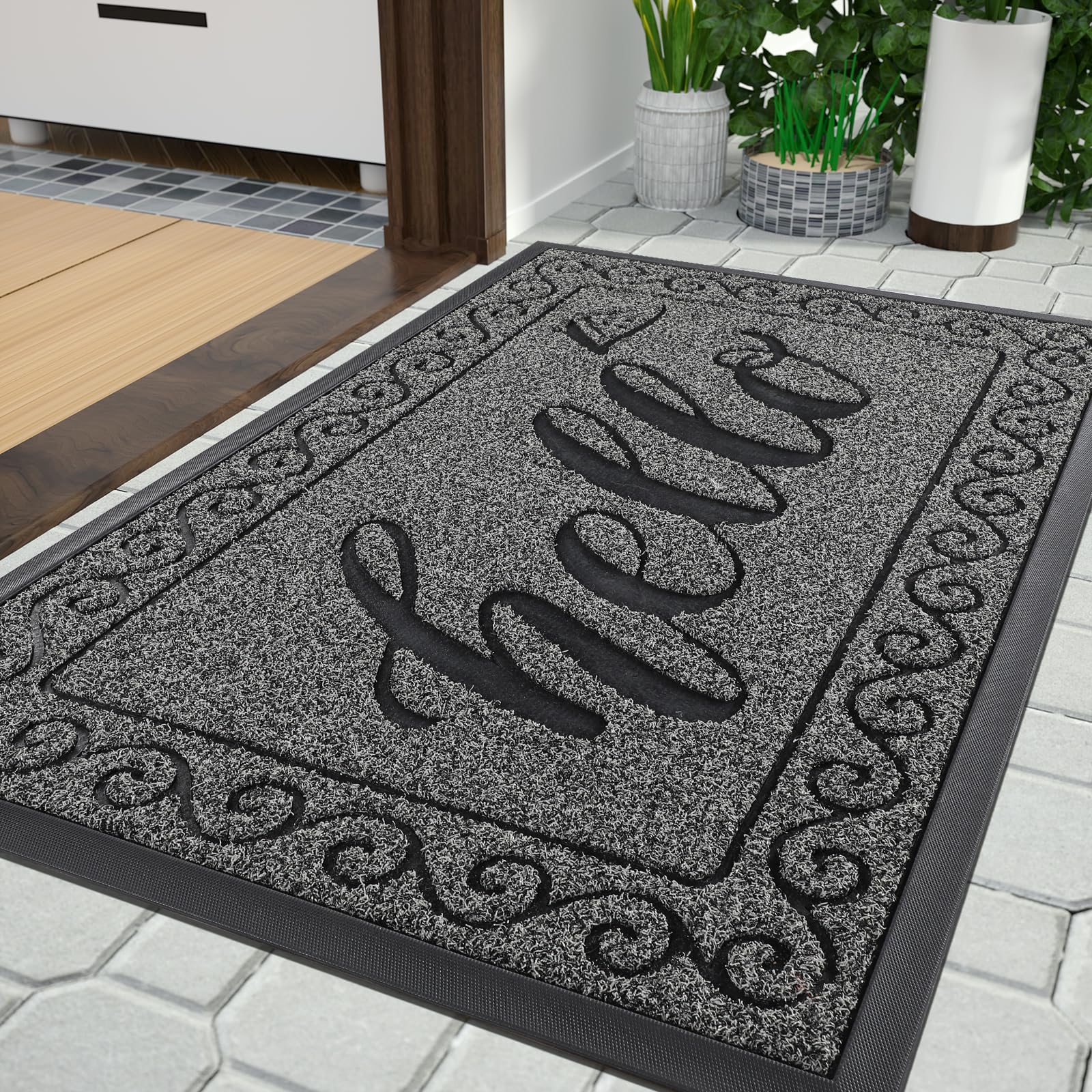 Yimobra Hello Front Door Mat, Heavy Duty Easy Clean Doormat Indoor Outdoor, Waterproof Quick Dry Floor Mat for Home, Garage, Hign Traffic Areas, Non Slip, Low Profile, 81x120 cm,Black Gray