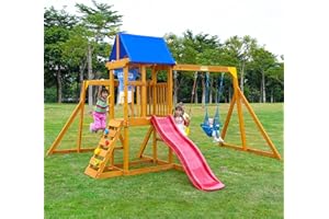 Suniboxi Swing-Sets with Monkey Bars for Backyard, Wooden Playground Set for Kids Ages 3-6, Outdoor Playset with Wave Slide, Play Deck, Rock Wall Ladder, Belt Swings & Canopy for Toddlers to Big Kids