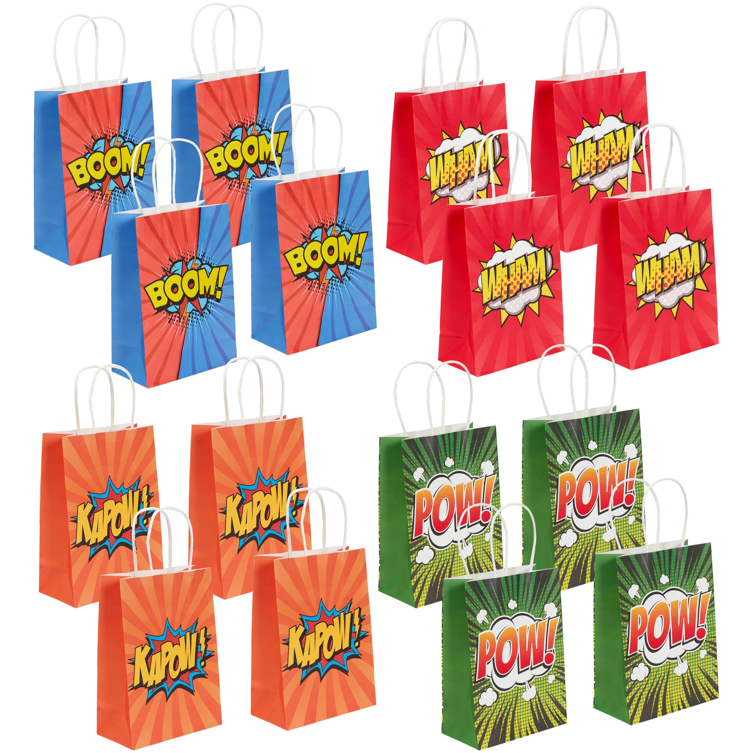 THE TWIDDLERS 16 Pack Superhero Themed Party Bags (21x15x8 cm) - Kraft Paper Gift Bags with Rope Handles for Kids Birthday Favours, Goody Bags