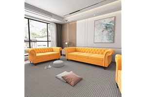 ORRD 2 Piece Living Room Set, Velvet Chesterfield Sofa Loveseat Couch with Scroll Arms and Nailhead for Living Room, Office (Mango)