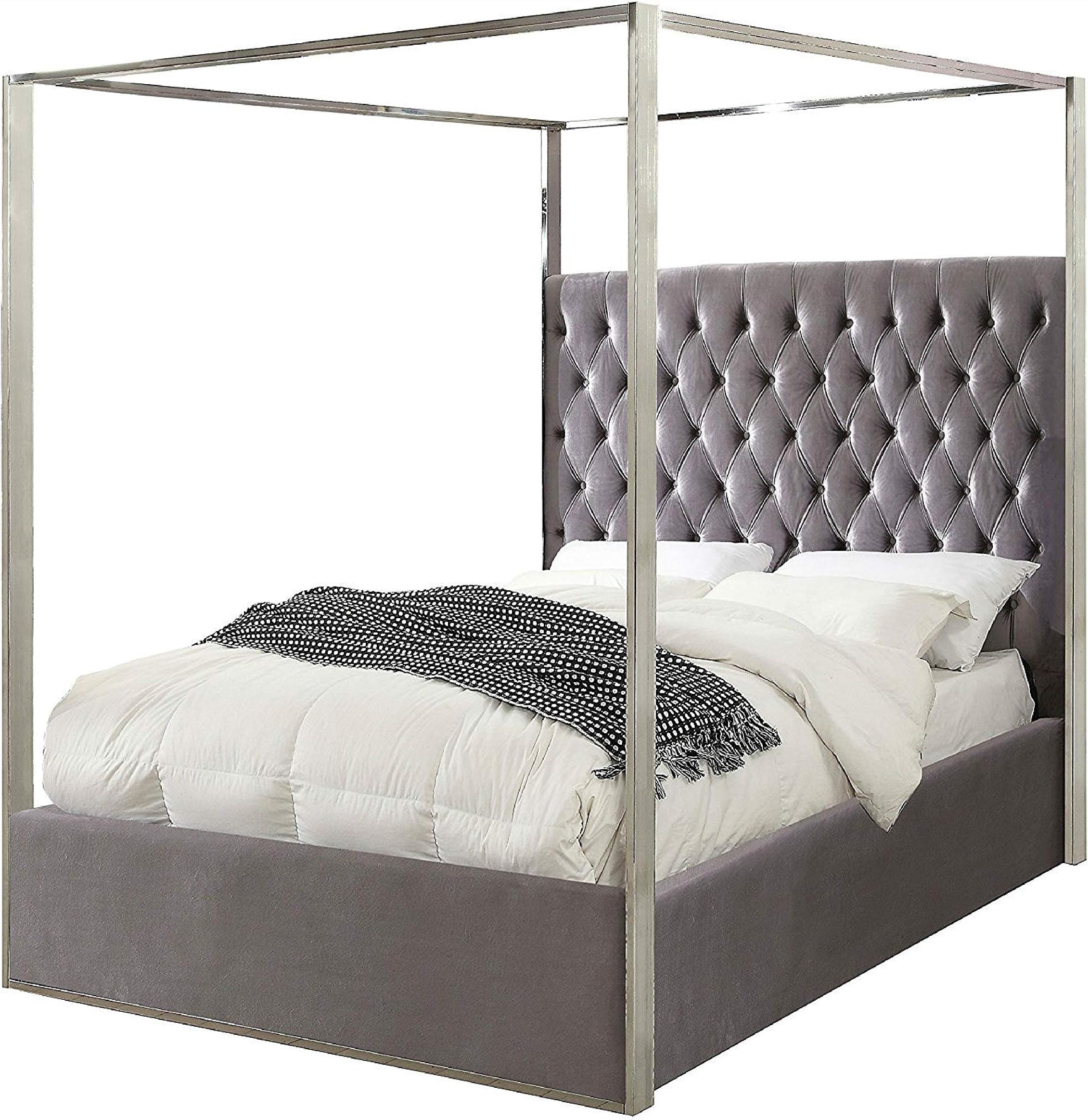 King size Grey Velvet Upholstered Canopy Bed with Chrome Canopy, King size Grey Velvet Upholstered Canopy Bed with Chrome Canopy