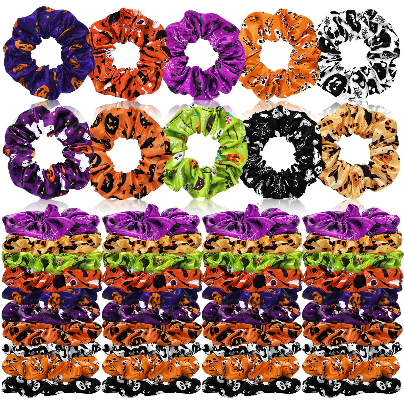 Photo 1 of Yuxung 80 Pcs Halloween Satin Hair Scrunchies Pumpkin Skull Black Cat Silk Hair Ties Elastic Bands Ropes Ponytail Holders Ties Halloween Accessories for Women Party Favors