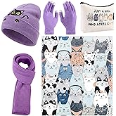 Mepase 6 Pcs Winter Cat Gifts Set for Women Birthday Include Cat Beanie, Scarf, Touchscreen Gloves, Flannel Throw Blanket Makeup Pouch and Transparent Zip Tote Purple Knit Valentine Gift Accessories