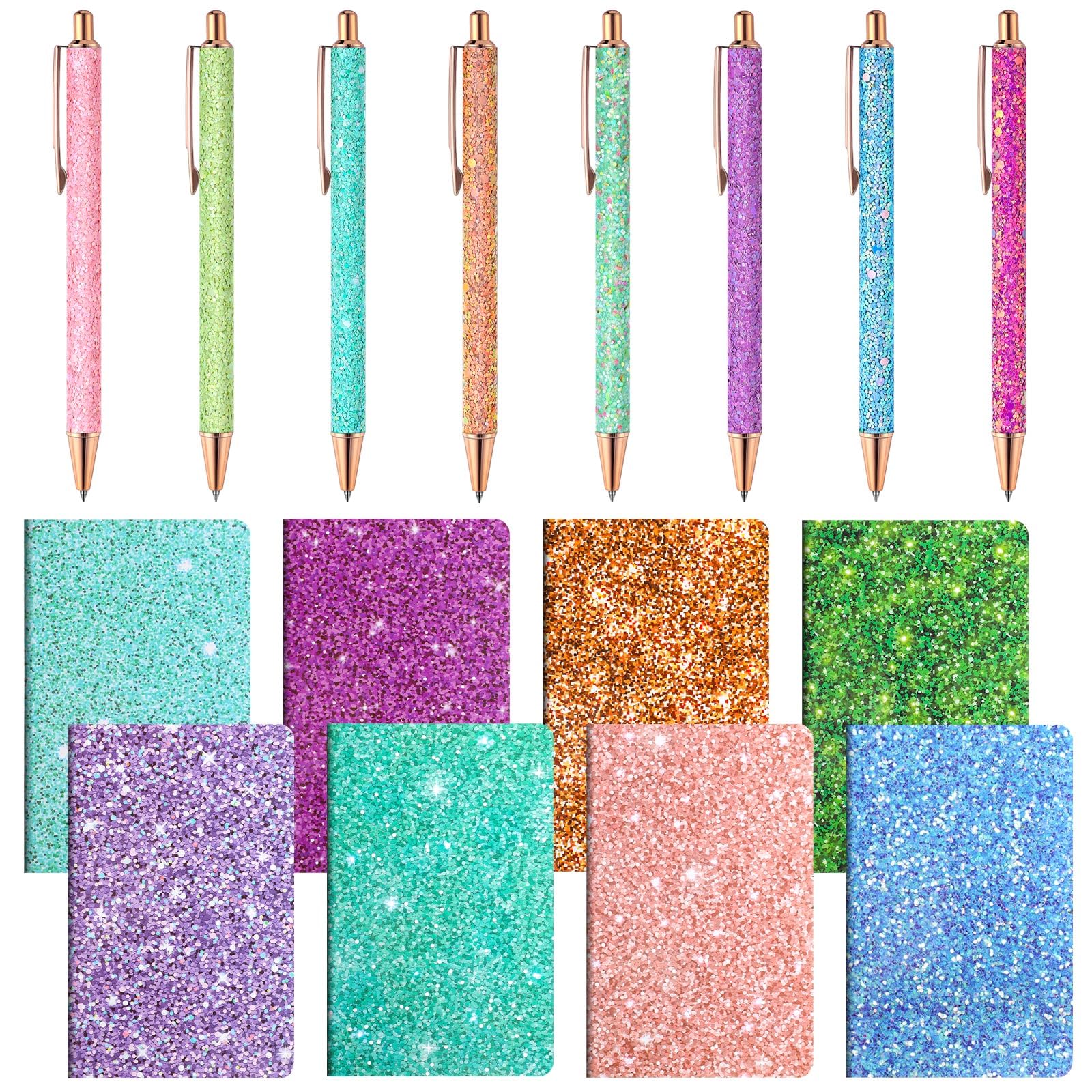 Photo 1 of Sayglossy 16 Pack Glitter Pens and Notepads Set 8 Mini Glitter Pocket Notebooks 8 Fancy Sparkly Ballpoint Pens Stationery Gifts for Women Teacher Journaling School Office Supplies (Classic Color)