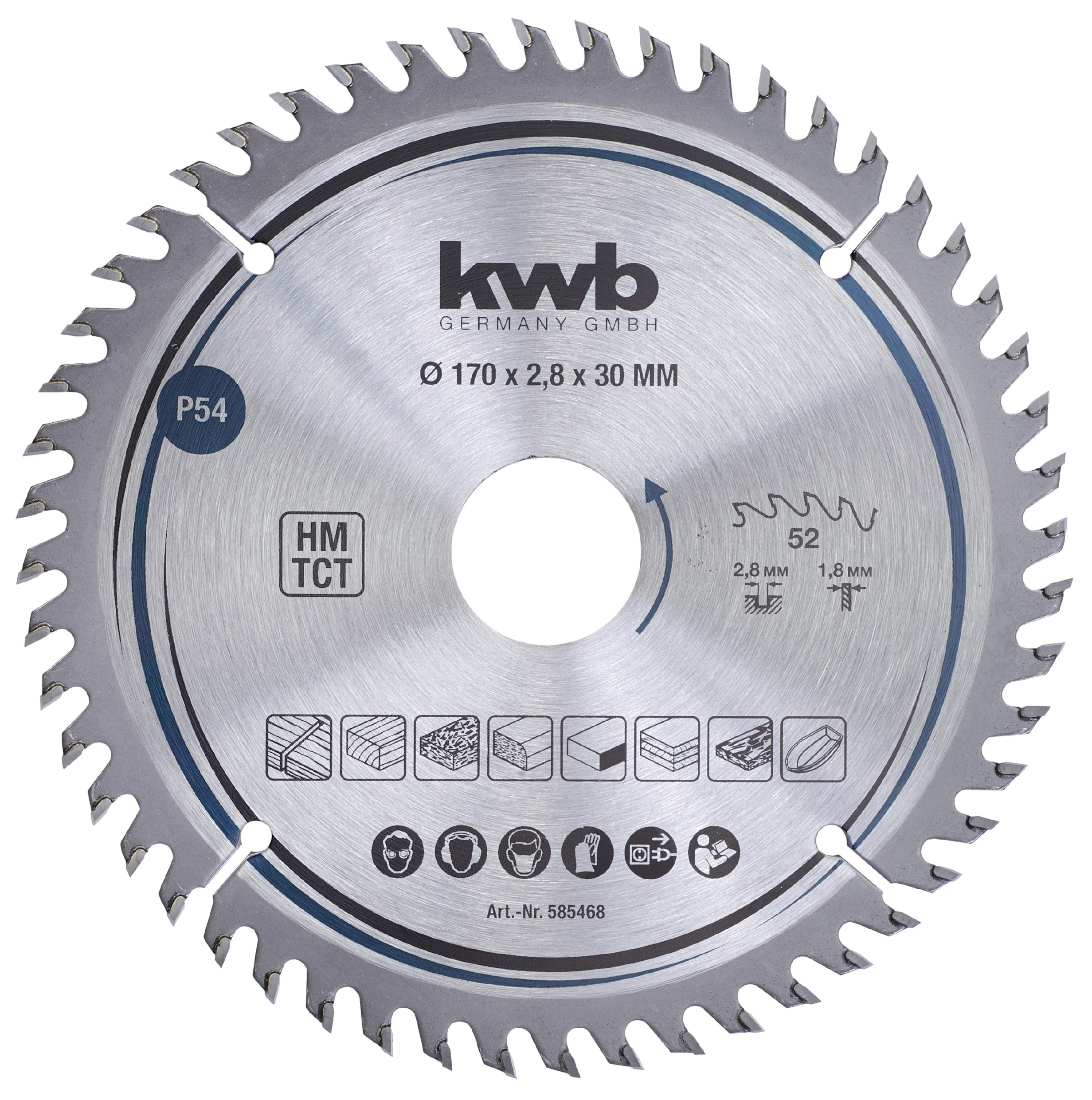 kwb 585468 Joiner's Circular Saw Blade, Wood/Hardwood, 170 x 30 mm cuts, high Number, 52 Teeth Z-52, Precision Saw Blade fine, 170 x 30