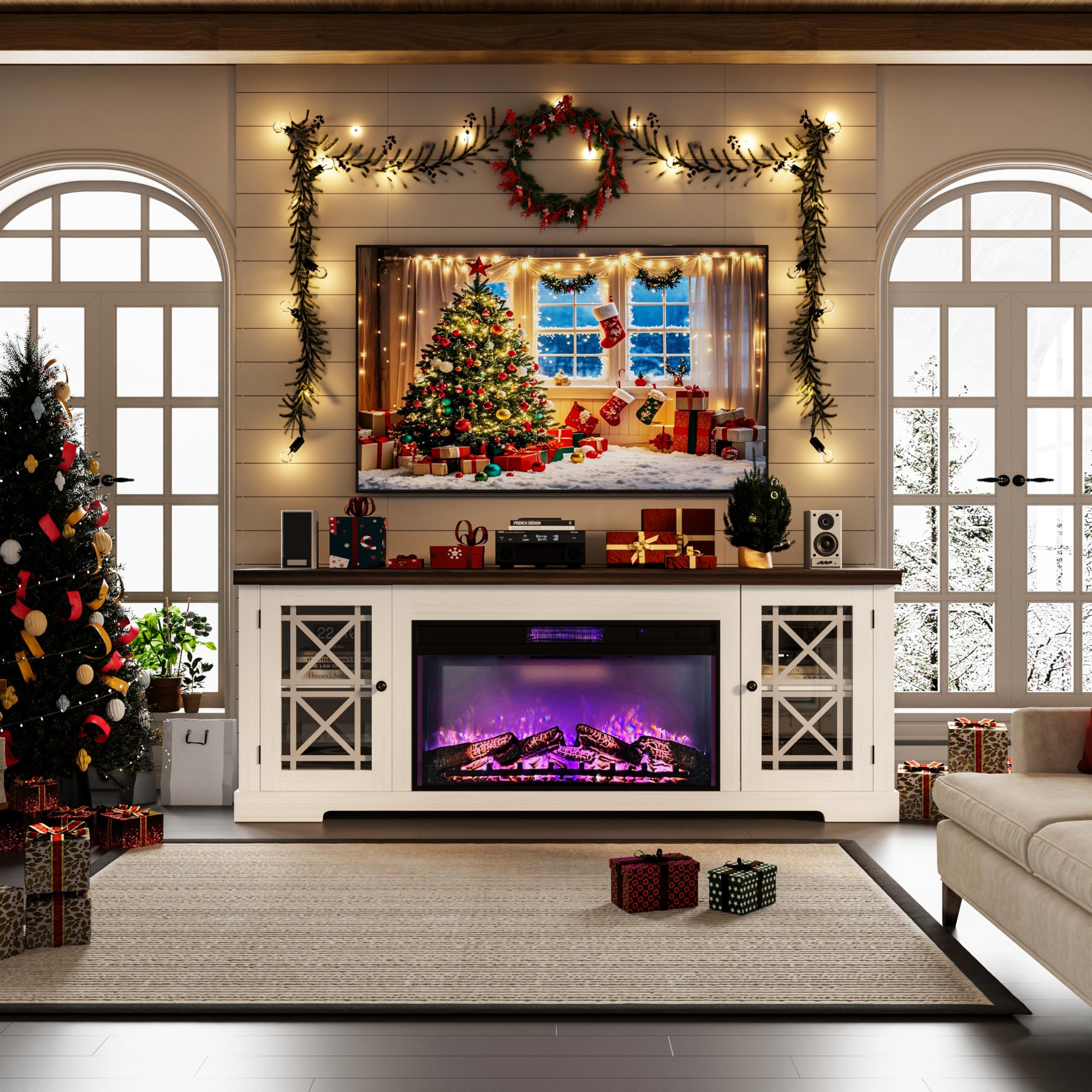 Photo 1 of *Missing fireplace 
**IDEALHOUSE 70" Fireplace TV Stand with 36" Electric Fireplace & 12 Flame Colors, Modern Farmhouse Entertainment Center with Lattice-Door Storage for TVs Up to 80", Wood Console for Living Room, White