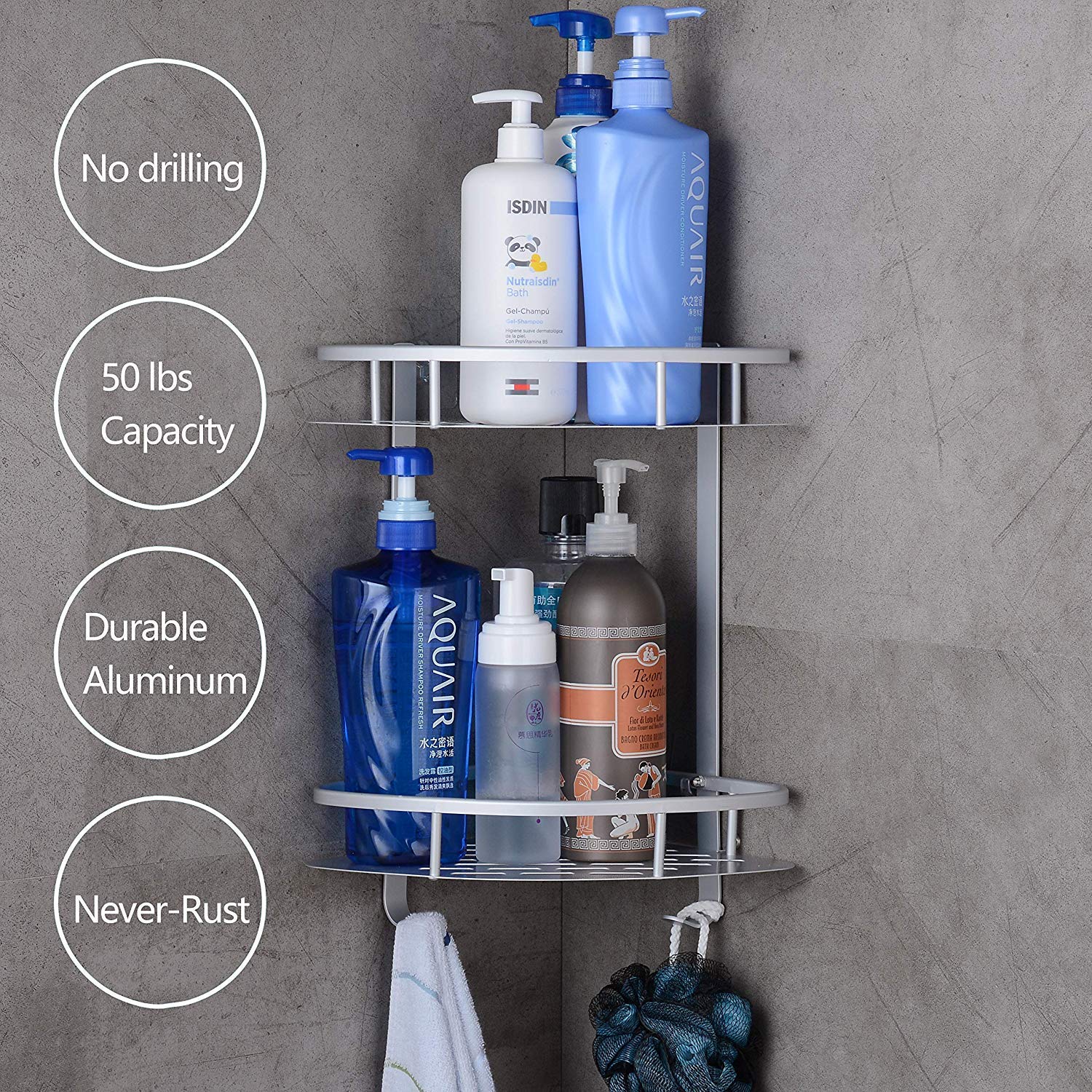 Badregal Ohne Bohren, Sunvito Eckregal Duschregal Ohne Bohren, Badezimmerablagen Anti-Rost Aluminiumlegierung mit 2 Etagen für Bad, Küche