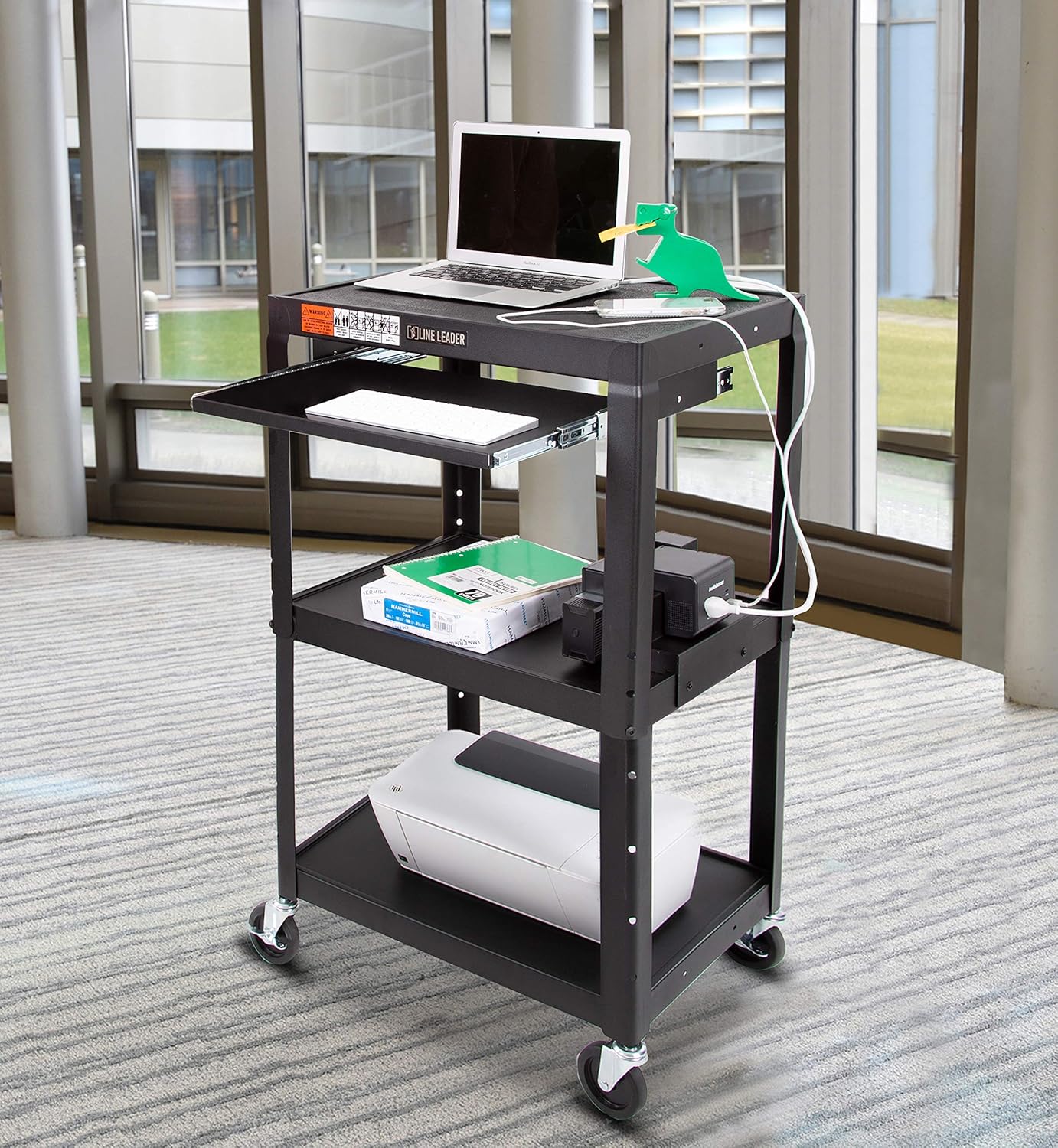 Line Leader AV Cart with EdgePower Portable Battery Charging | Height Adjustable Utility Cart with Clamp On Charging Solution | Includes Pullout Keyboard Tray & Cord Management (24 x 18) : Office Products