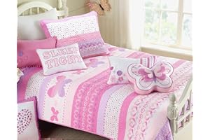 Cozy Line Home Fashions Cute Pink Butterfly Stripe Hearts 100% Cotton Soft Bedding Quilt Set, Coverlet, Bedspread (Twin - 5 Piece)