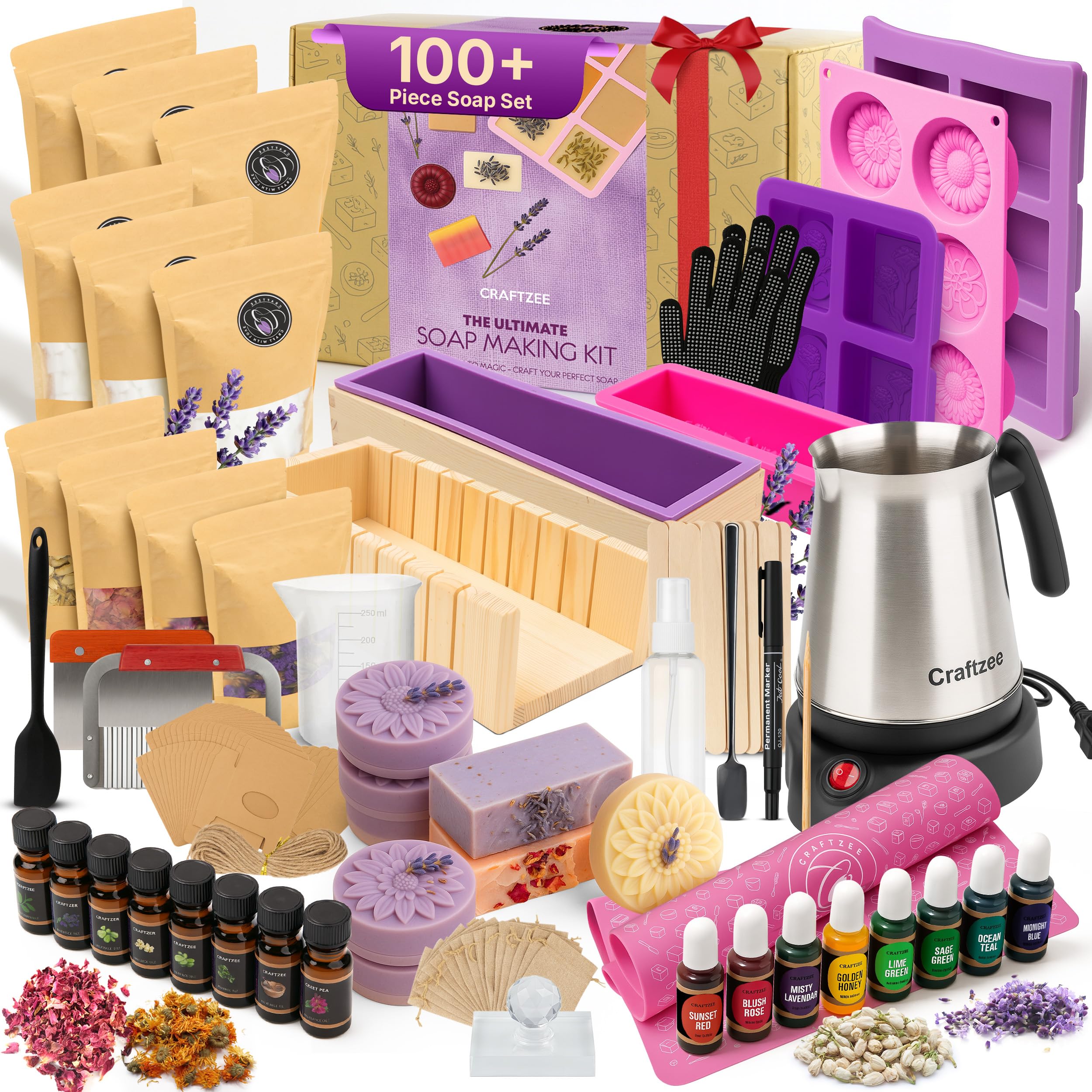 Photo 1 of CraftZee Ultimate Deluxe Soap Making Kit - All-in-One Soap Making Supplies with 6lbs Soap Base, 8 Dyes, 8 Essential Oils, Silicone Molds, Cutters, All Essential Tools & Instructions, Gift Bags & Boxes