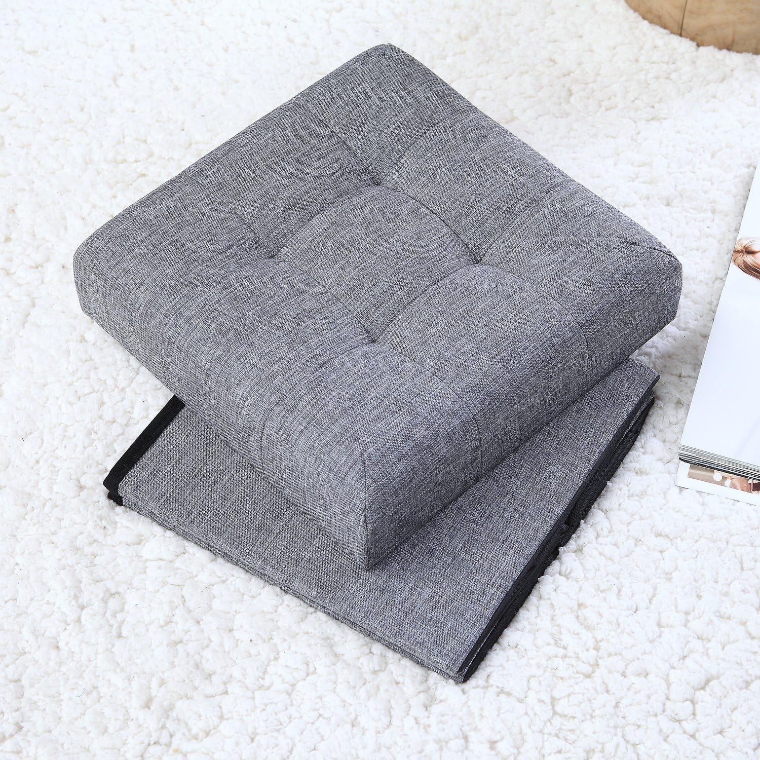 Ornavo Home Foldable Tufted Linen Storage Ottoman Square Cube Foot Rest Stool/Seat - 15" x 15" x 15" (Grey): Kitchen & Dining