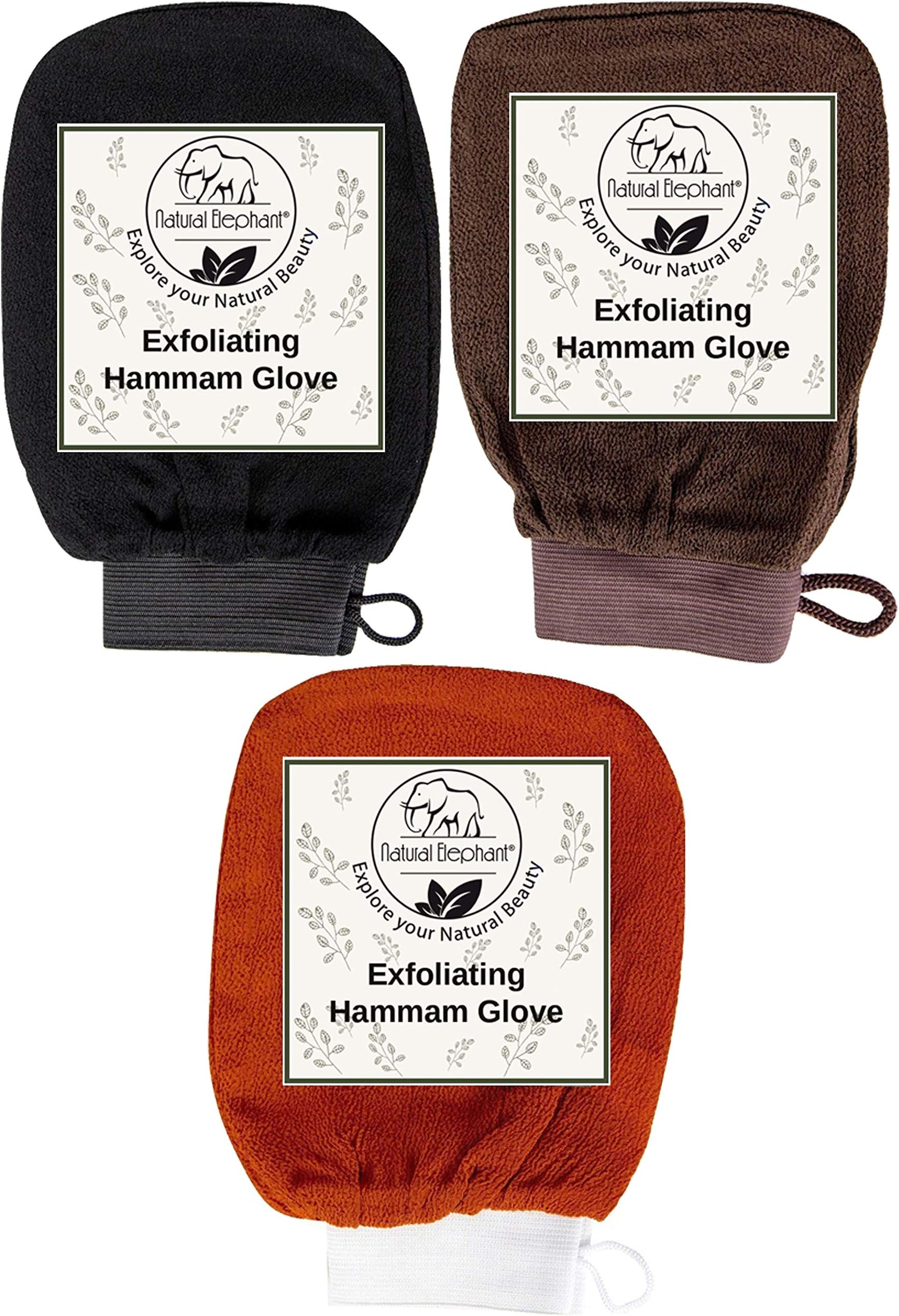 Natural Elephant Exfoliating Hammam Glove - Face and Body Exfoliator Mitt (Black, Brown and Orange (Pack of 3))