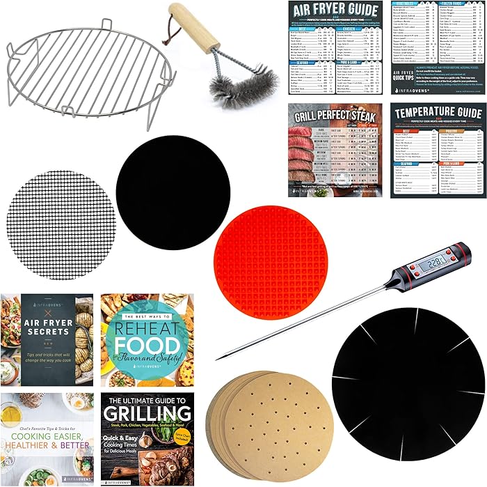 Air Fryer Oven Parchment Paper Liner Sheet Set Compatible with Ninja, Ultrean, Posame, Costzon, Kazila +More | Stainless Steel Rack Accessory + Cooking & Baking Thermometer + Cookbooks + Grill Brush