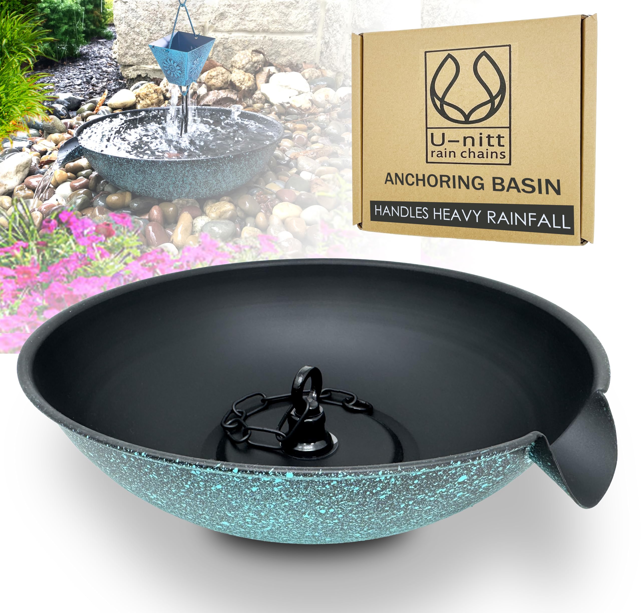 Photo 1 of 12" Spill Bowl Catch Basin for Rain Chain Anchoring & Stake | Rainwater Collection for Roof Gutter Downspout | Good For Water Fountain & Birdbath | Black | Works with Rainchain | Handles Heavy Rain