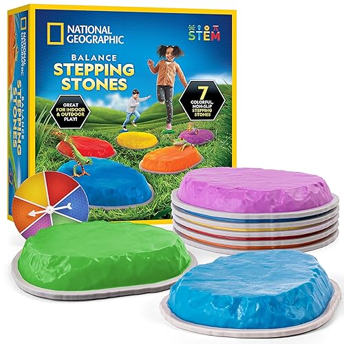 Blue Marble National Geographic Stepping Stones for Kids – 7 Durable, Non-Slip Stones Encourage Toddler Balance & Motor Skills, Indoor & Outdoor Toys, Balance Stones, Obstacle Course