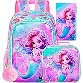 UFNDC 3PCS Mermaid Backpack, 16" Girls Unicorn Bookbag with Lunch Box for Kids, Water Resistant School Bag for Elementary Preschool Toddler