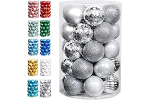 Lulu Home Christmas Ball Ornaments, 34 Ct 1.57" Pre-Strung Hanging Ornament Decorations, Xmas Shatterproof Plastic Balls for Holiday Party Wreath Garlands Trees, Silver