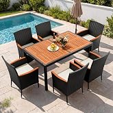 Devoko 7 PCS Acacia Wood Patio Dining Set, Black Rattan | Outdoor Patio Furniture Set, Patio Dining Table Set for 6, Patio Table and Chairs Set For Garden Backyard Pool Side