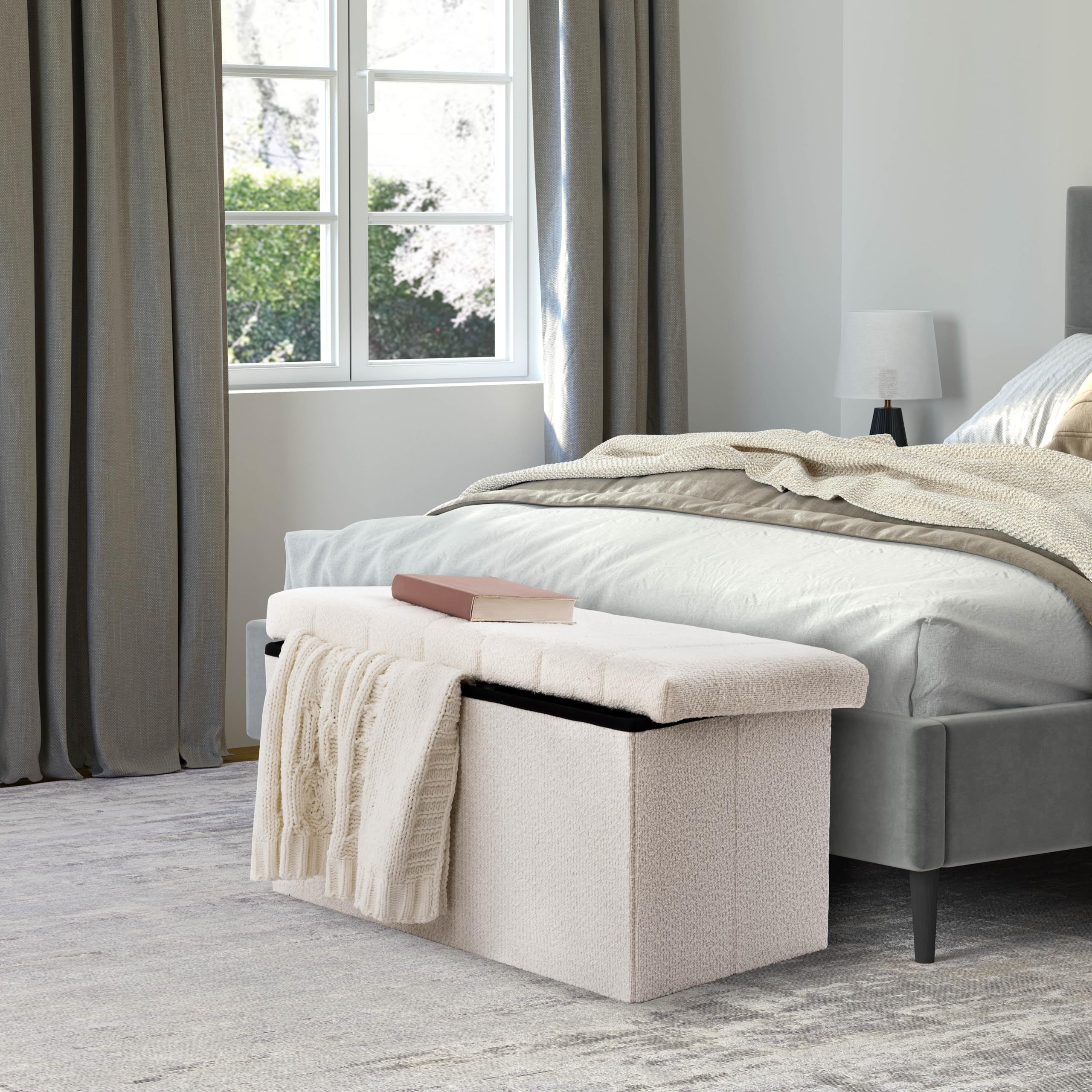 Seville Classics Cushioned Fabric Ottoman Hidden Storage Chest Footrest Chair, Padded Seat for Bedroom, Dorm, Loft, Living Room, Entryway, Hallway, White Boucle, 30" Bench - Image 2