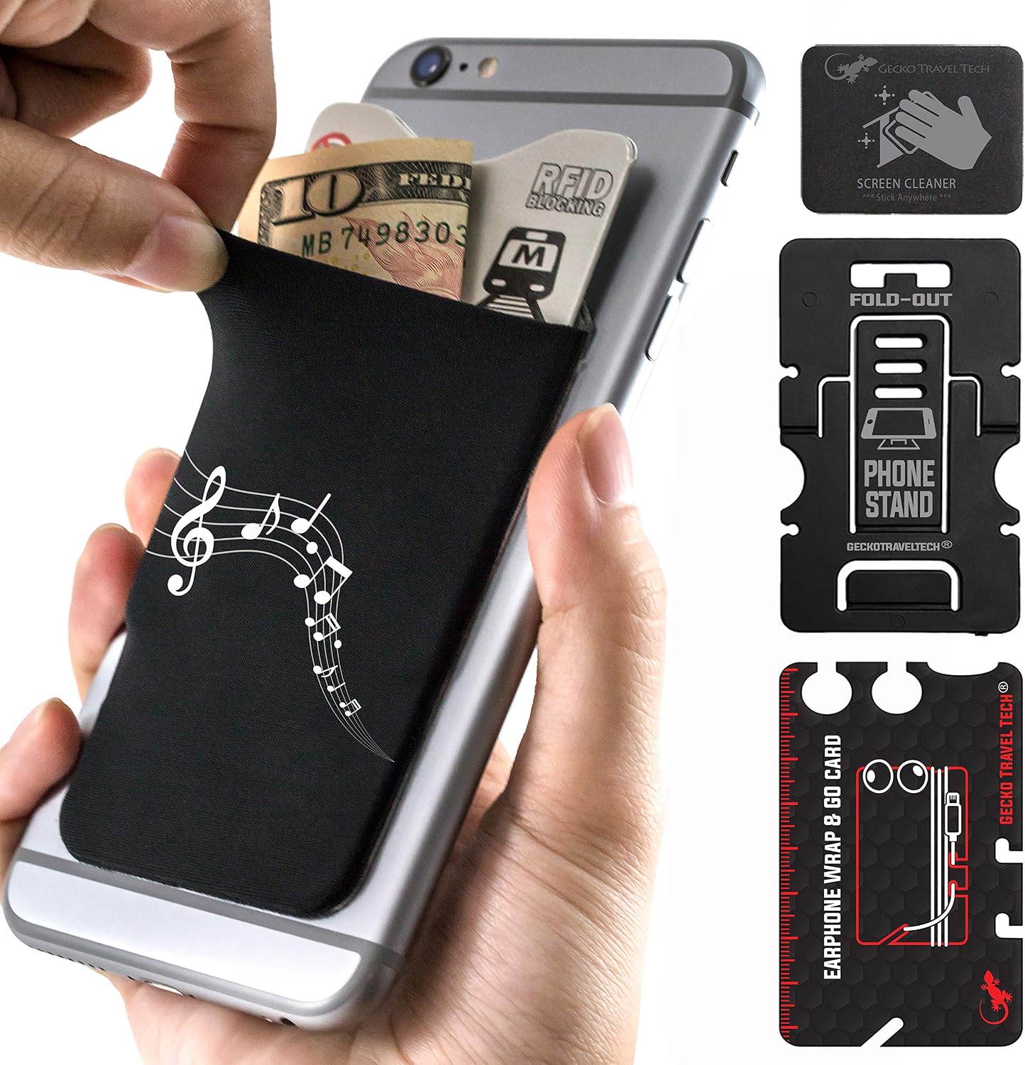 Gecko Phone Card Holder - Music Cellphone Wallet Stick On - Adhesive Phone Pouch with Bonus Stand & Screen Cleaner