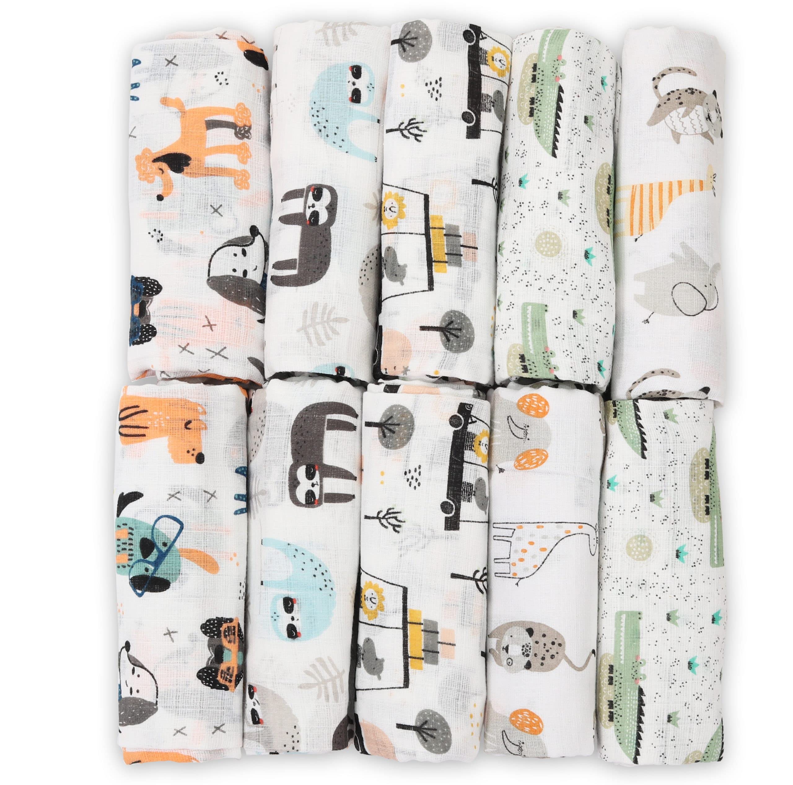 FENSILO Muslin Cloths, Muslin Nappies, Pack of 10, 70 x 80 cm, Fabric Nappies, Made in the EU, Tested for Harmful Substances, Burp Cloths, Baby Boy Girl Cloth, White with Dog and Crocodile