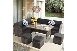 YOCONYO Patio Furniture Set, 7 Pieces Patio Dining Set, All Weather Outdoor Wicker Conversation Loveseat Set with Dining Table, Ottoman in Brown Rattan Gray Cushions