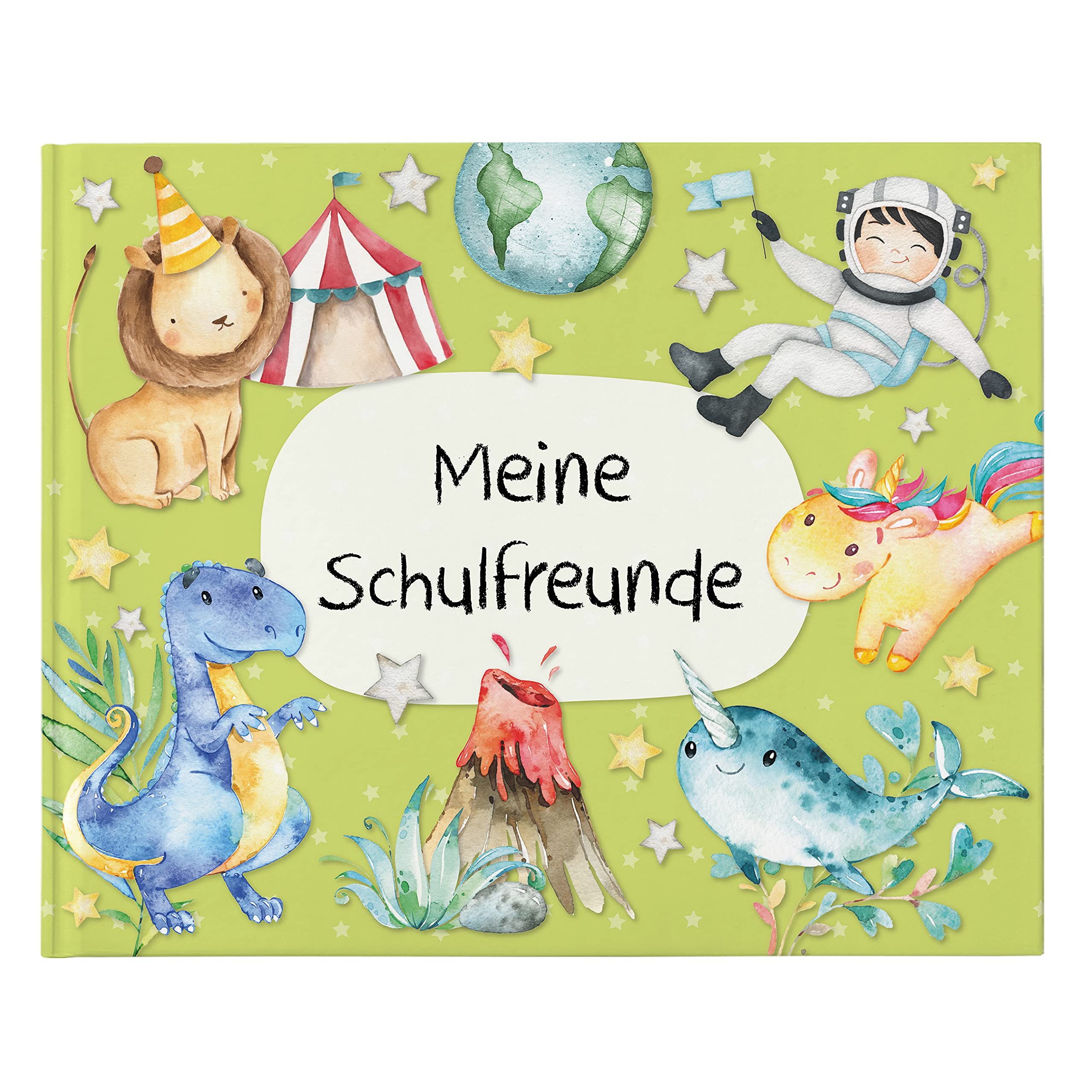 Papierdrachen High Quality Friendship Book for Children - School Friends - Green - Poetry Album with Dinos, Knights, Astronauts - for 27 Friends - Colourful Child-friendly Design