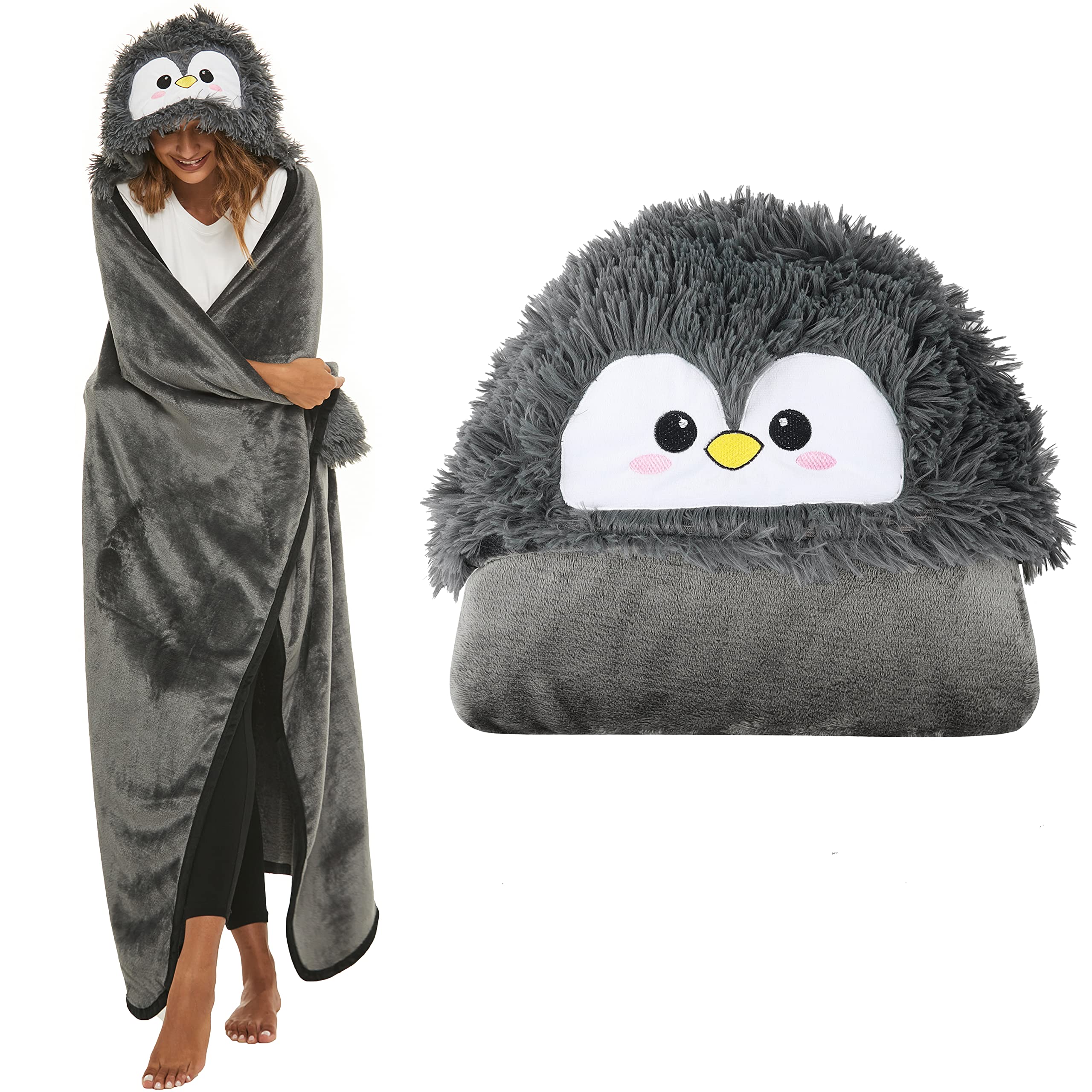 Shoppawhile Penguin Gifts for Women Wearable Hooded Blanket for Women Soft Warm Fluffy Penguin Hooded Blanket 59 * 51 inch