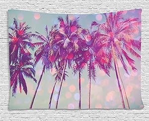Ambesonne Nature Tapestry, Palm Trees Hawaiian Tropic Seashore Beach Californian Miami Sunbeams Image, Wide Wall Hanging for Bedroom Living Room Dorm, 60
