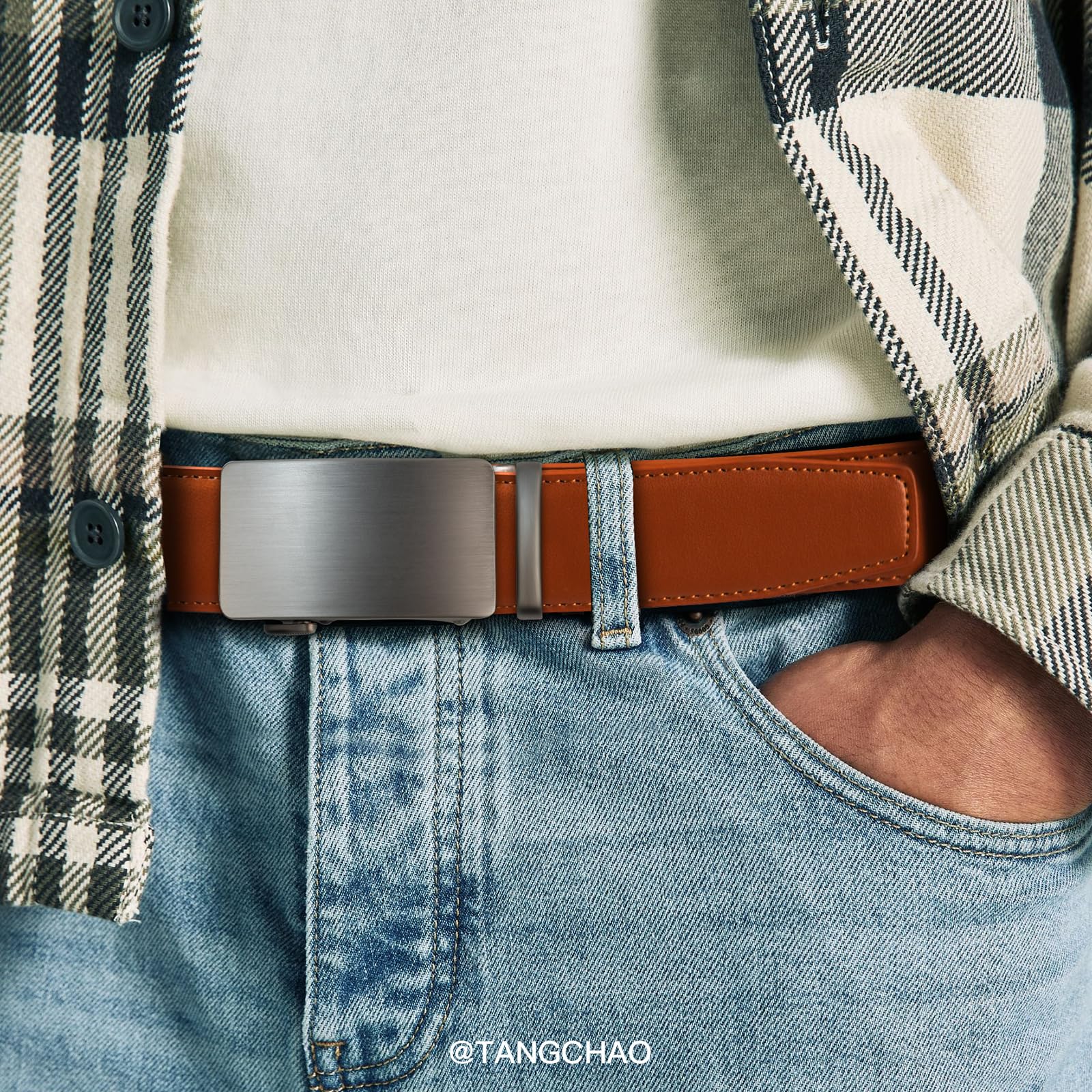 TANGCHAO Gürtel Herren,Ledergürtel Ratsche Automatikschließe für Herren Business Anzug Jeans, 35mm Gürtel,Größe Einstellbar, Braun 24, Länge 115cm (28"-37" taille verstellbar) 4