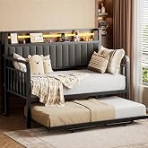 Daybed with Trundle and LED Light, Heavy Duty Metal Twin Bed Frame with Upholstered Storage Headboard &amp; Charging Station, Day Bed Pop Up Trundle Bed Twin for Living Room,Bedroom and Guest Room, Brown