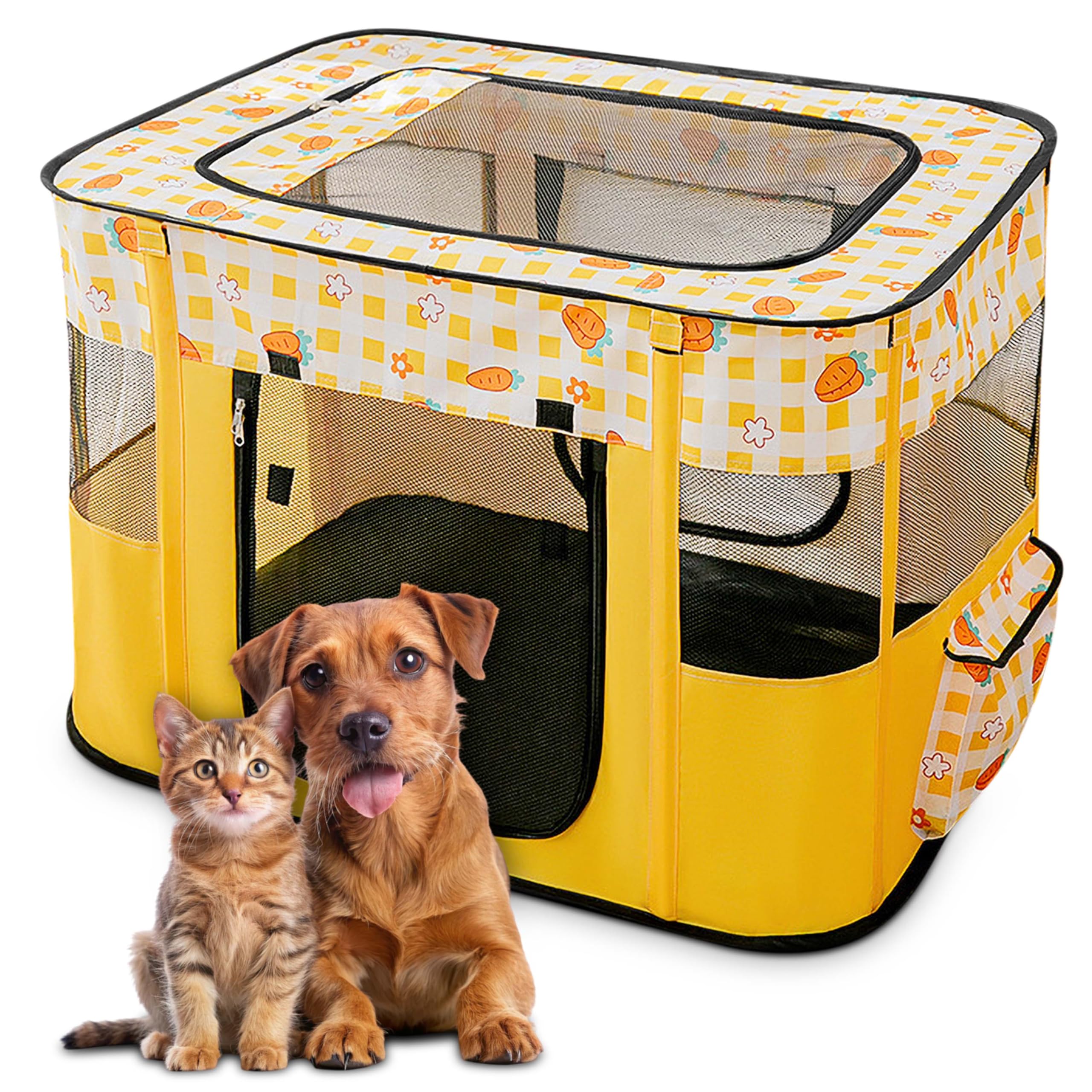 ALLSOPETS Cat Playpen for Dog, Foldable Pet Play Pen for Indoor Outdoor Use, Portable Dog Cat Crate Tent for Puppies Kittens, Pop-Up Pet Cage for Travel Camping (Yellow Carrots, M)