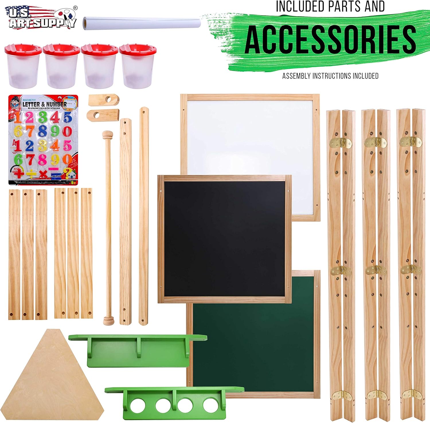 U.S. Art Supply Children's 3-Sided Art Activity Easel with Chalkboard, Large Paper Roll, Shelf & Plastic Paint Cups: Arts, Crafts & Sewing