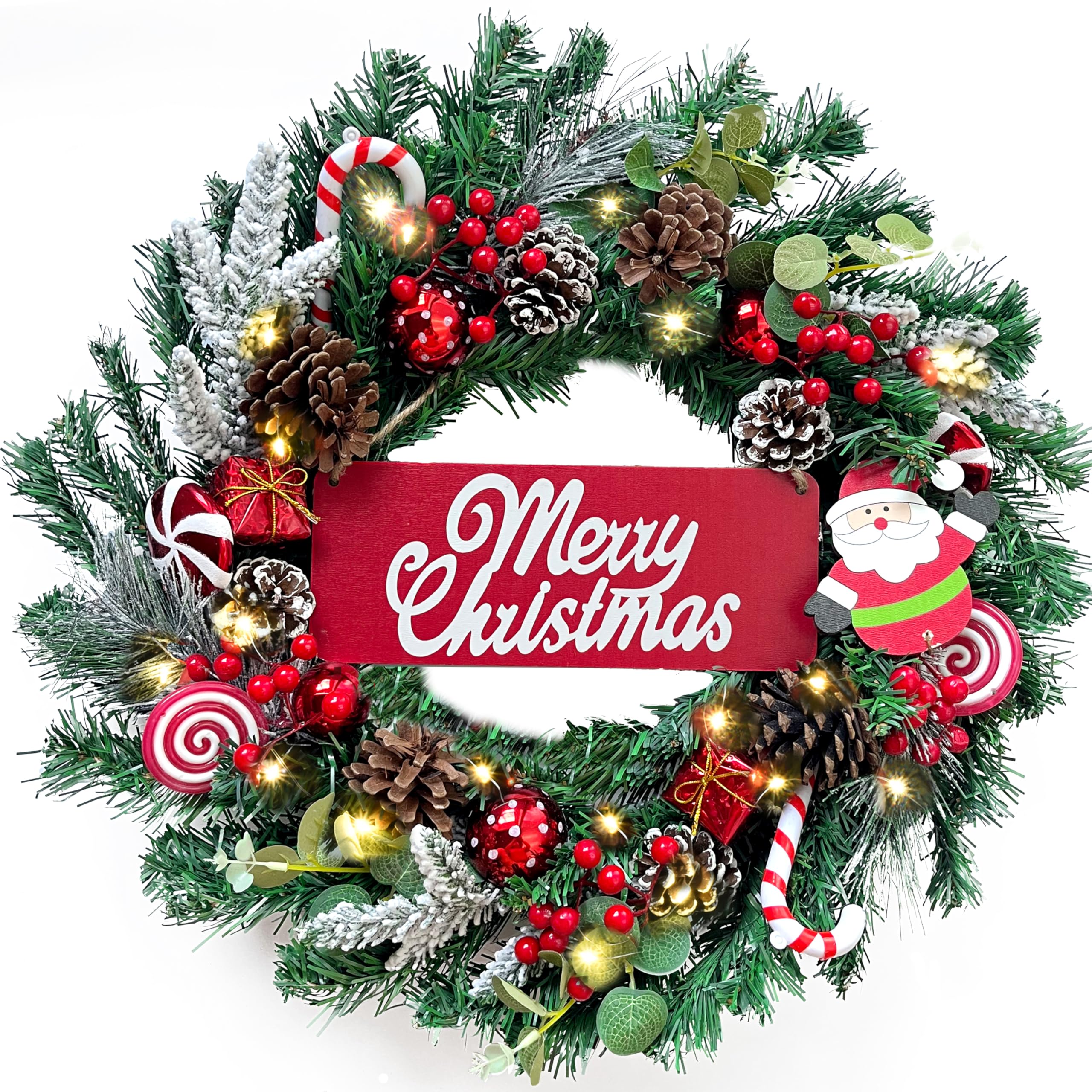 Photo 1 of 24 Inch Christmas Wreaths for Front Door, Christmas Wreath Decorations, Winter Door Wreath with Red Berry Pine Cone Spruce,Lighted Christmas Wreath for Indoor Outdoor Farmhouse Festival Home Decor