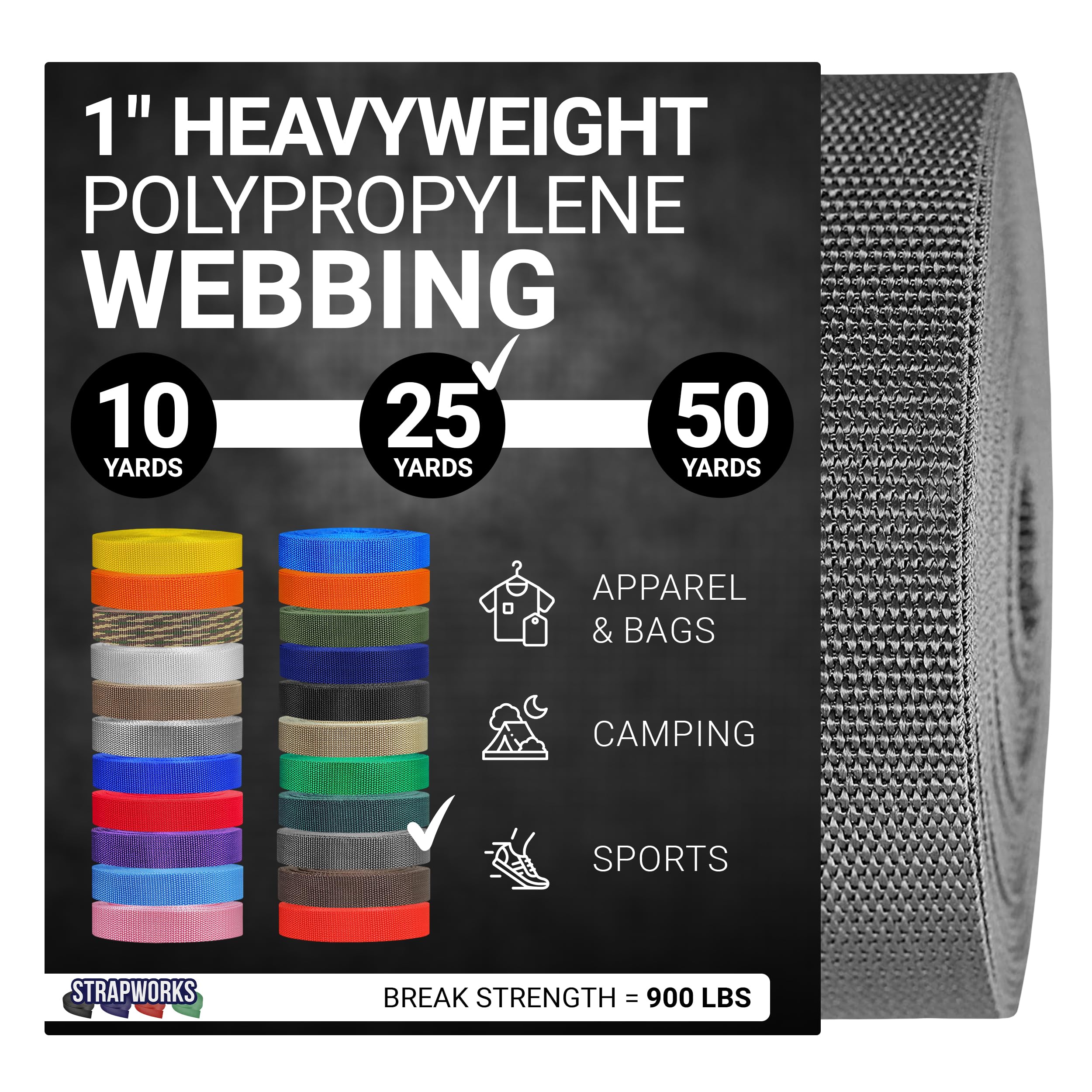 Strapworks Heavyweight Polypropylene Webbing - Heavy Duty Poly Strapping for Outdoor DIY Gear Repair, 1 Inch x 25 Yards - Charcoal