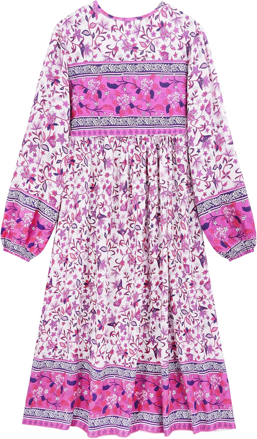 R.Vivimos Women's Long Sleeve Floral Print Retro V Neck Tassel Bohemian Midi Dresses: Clothing