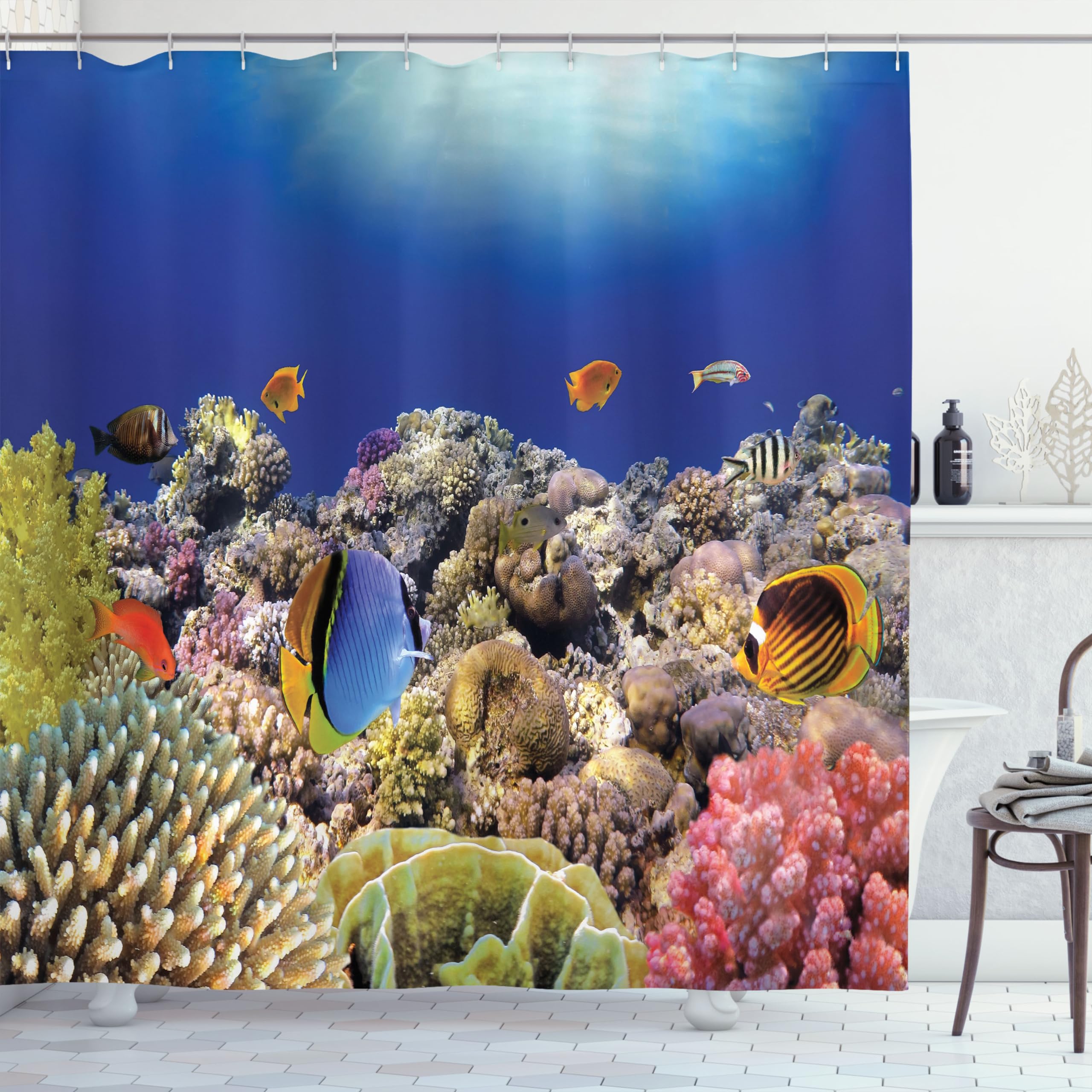 ABAKUHAUS Ocean Shower Curtain, Wild Sea Life Colorful Coral Reefs Exotic Fishes Bali Indonesia, Cloth Fabric Bathroom Decor Set with Hooks, 175 x 180 cm, Tan Blue and Orange