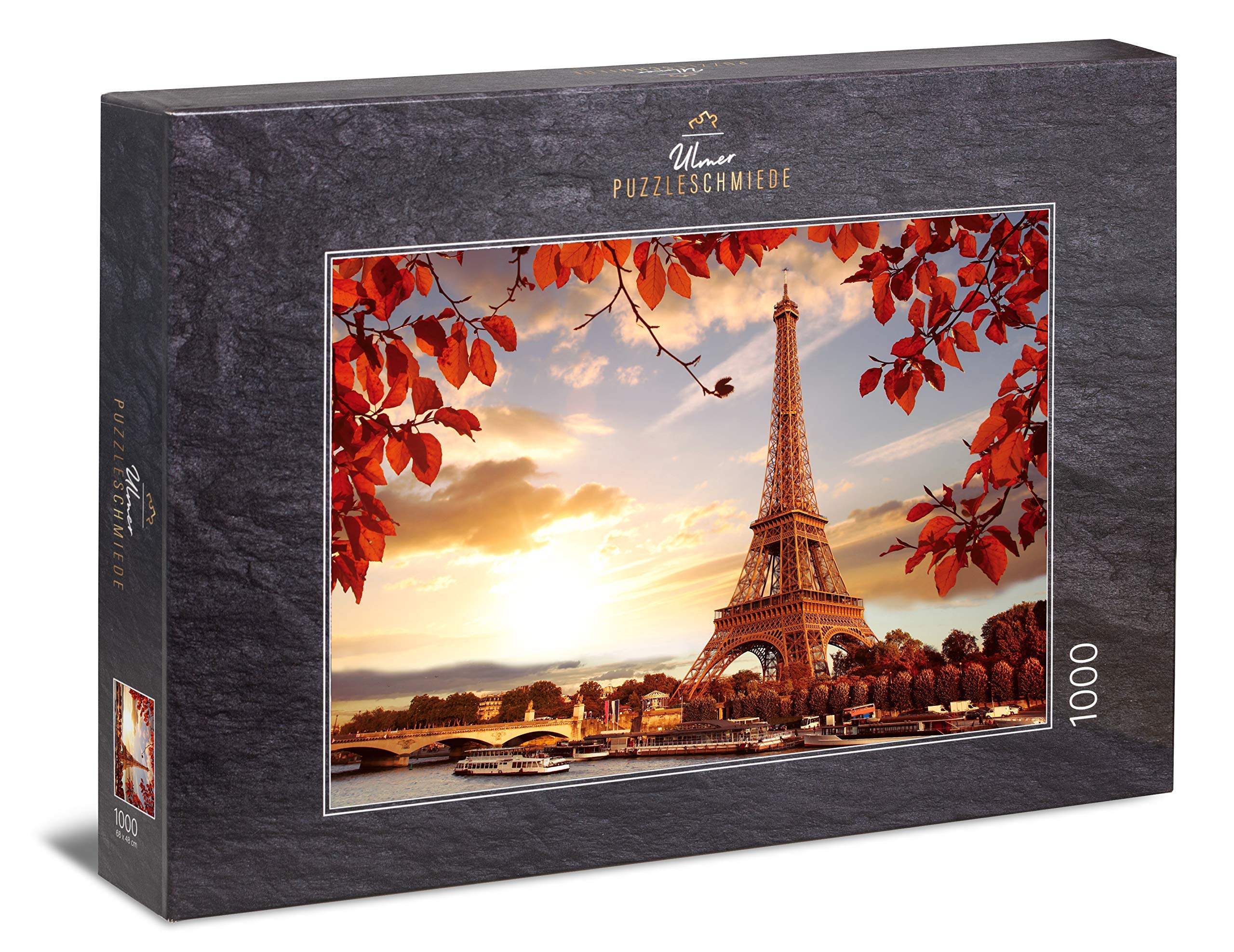Ulmer Puzzleschmiede - Puzzle "Autumn in Paris" - 1000 pieces jigsaw puzzle - Eiffel Tower in Paris behind the Seine and autumnal leaves
