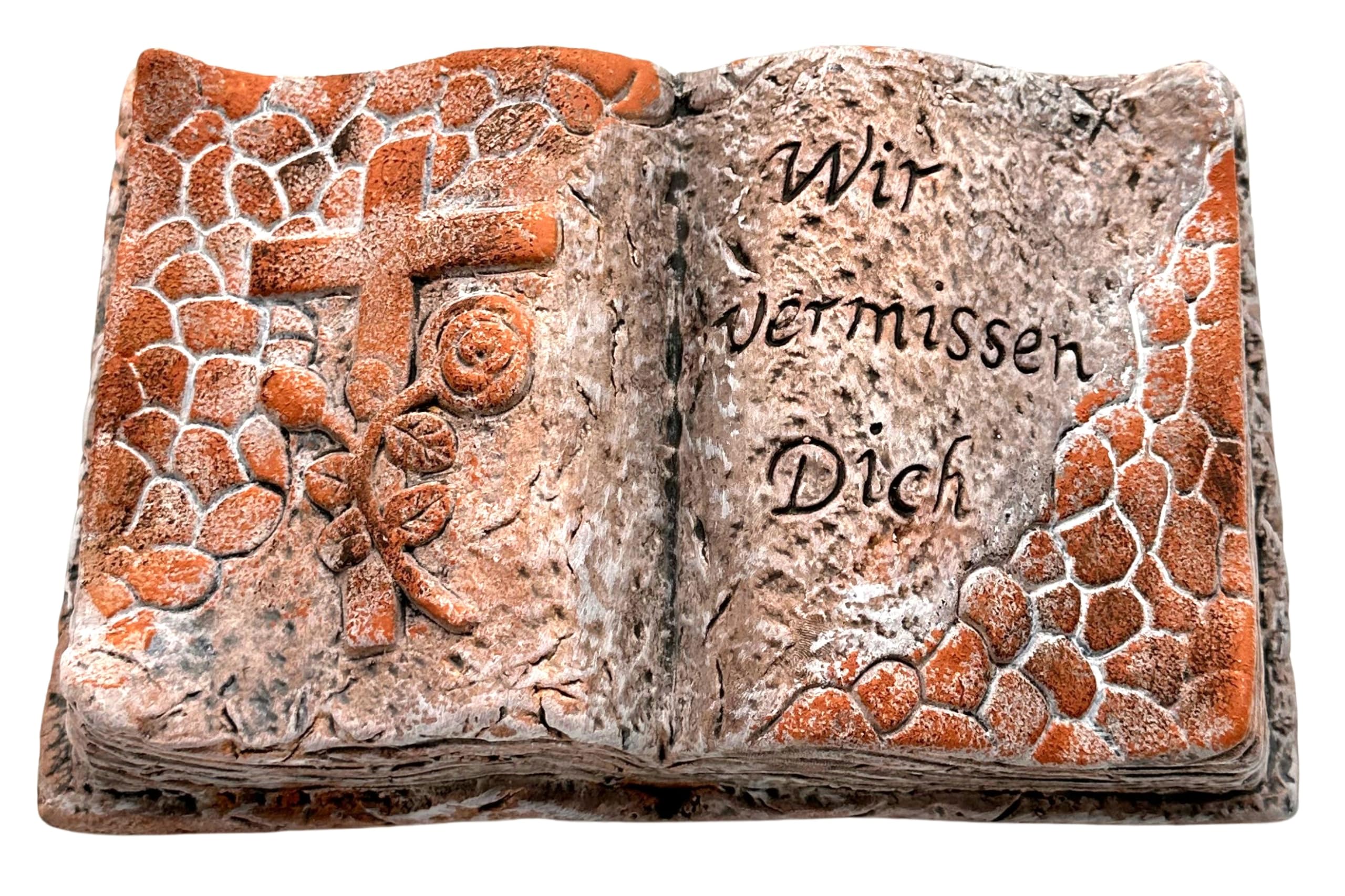 Bambelaa! Graveside Decoration Mourning Item Cross on Book "Wir vermissen Dich" Red Ceramic Approx. 22 x 14.5 x 5 cm Weatherproof - Grave Decoration Grave Memorial Grave Stone Grave Stone with