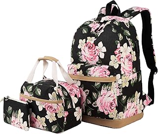 Schulrucksack Mädchen Teenager Damen Schultasche Canvas Schulranzen Set Blumen Rucksack für Mädchen Schule Freizeit mit Lunchpaket Tasche und Mäppchen
