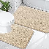 OLANLY Bathroom Rugs Sets 2 Piece, Soft Absorbent Chenille Bath Mats and U-Shaped Contour Toilet Mat Area Rug Set, Machine Washable Bath Carpet, Home Decor Accessories(36"x24"+24"x20", Beige)